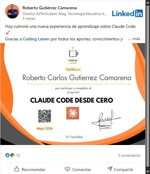 Testimonio de alumno en LinkedIn 1
